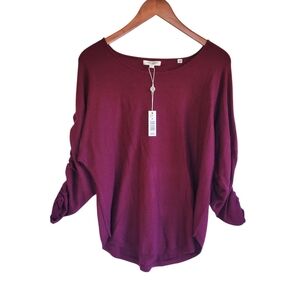 Max Studio Boat Neck 3/4 Rouched Sleeve Top Burgandy Womens Small